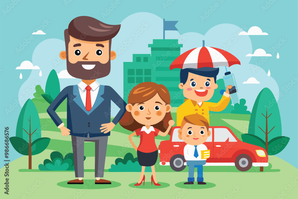 A friendly family poses for a customizable cartoon, featuring insurance agents in a sunny park, Customizable cartoon illustration for insurance. A friendly family poses for a customizable cartoon, featuring insurance agents in a sunny park, Customizable cartoon illustration for insurance.