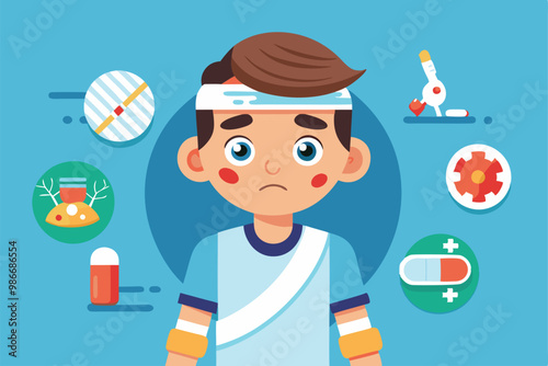 A boy appears with visible injuries and medical equipment surrounding him, looking concerned, Customizable cartoon illustration for injuries.
