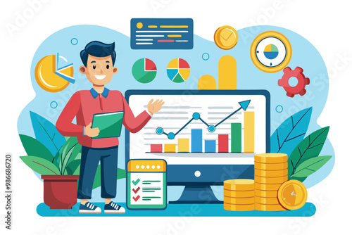 A character presents investment strategies on a digital screen while analyzing growth charts and reports, Customizable cartoon illustration for investment data.
