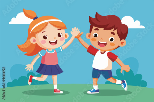 Two cheerful children are laughing and giving each other high fives in a vibrant park, Customizable cartoon illustration for kids to high five.