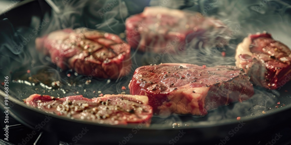 Ribeye steaks sear in a heated skillet, highlighting the marbling and freshness of the uncooked meat. Ribeye steaks sear in a heated skillet, highlighting the marbling and freshness of the uncooked meat.