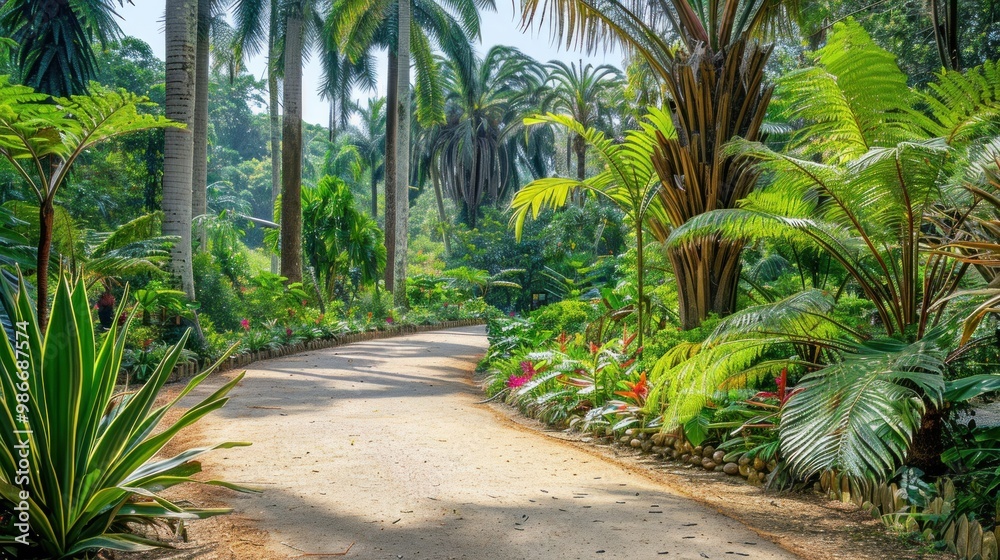 Scenic park path winding through a lush garden with tall palms and vibrant green ferns, dappled sunlight filtering through. Prehistoric plants, prehistoric botanicals concept. Scenic park path winding through a lush garden with tall palms and vibrant green ferns, dappled sunlight filtering through. Prehistoric plants, prehistoric botanicals concept.