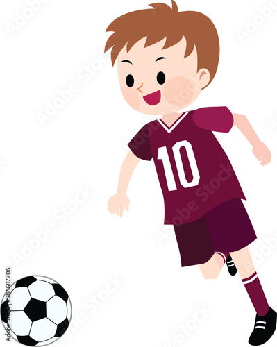 Illustration of a child in maroon jersey playing soccer. Vector Illustration