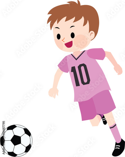 A boy in a pink jersey playing with soccer ball. Vector illustration
