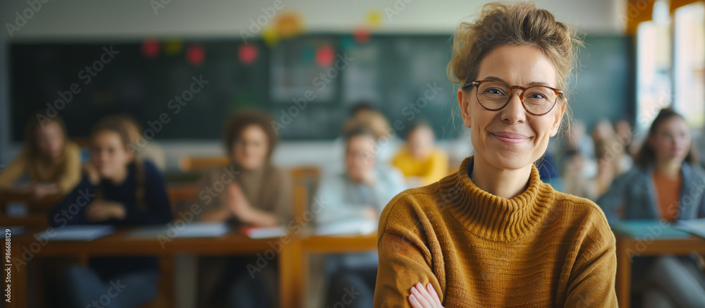 Candid school class portrait of a teacher in a classroom Candid school class portrait of a teacher in a classroom