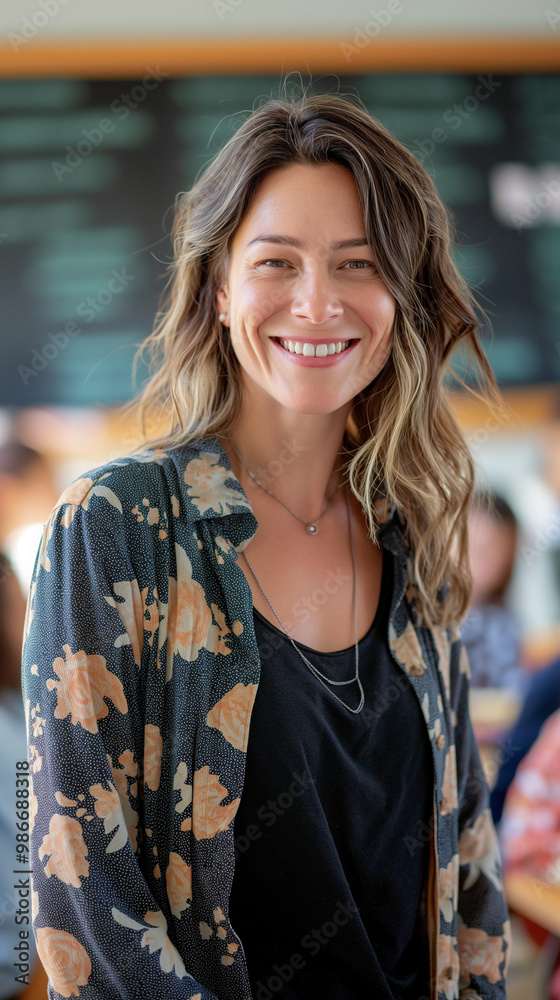 Fototapeta premium Candid school class portrait of a teacher in a classroom