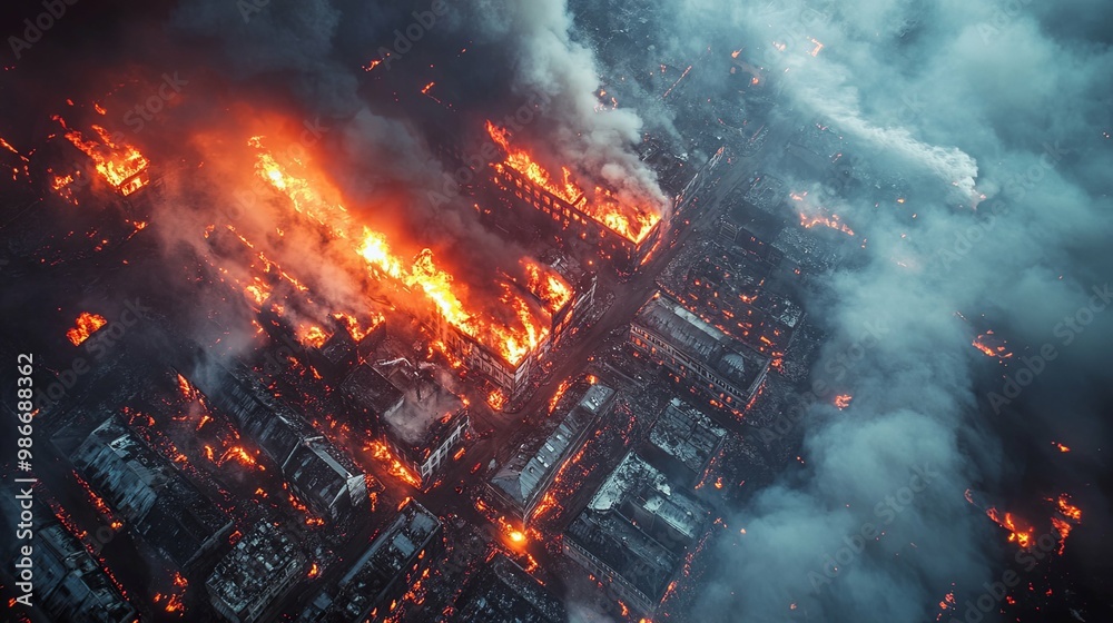 Aerial view of a city engulfed in flames and smoke. Aerial view of a city engulfed in flames and smoke.