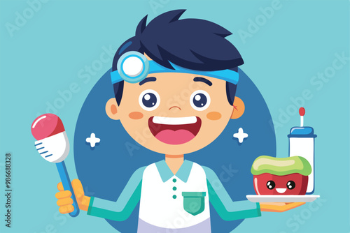 A happy cartoon character encourages good oral hygiene with a toothbrush and nutritious treats, Customizable cartoon illustration for oral care.