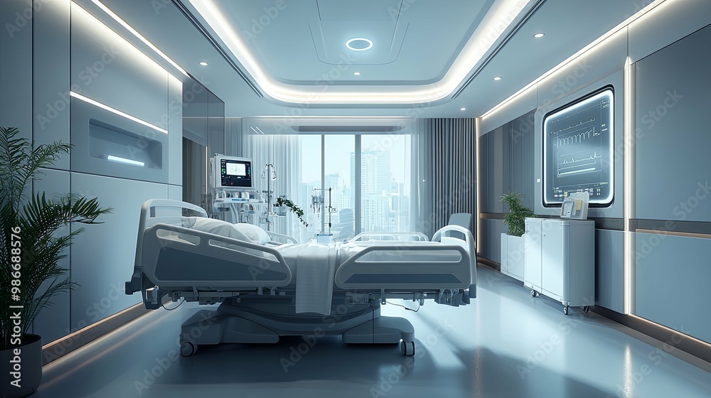 Modern Hospital Room with City View and Medical Equipment Modern Hospital Room with City View and Medical Equipment