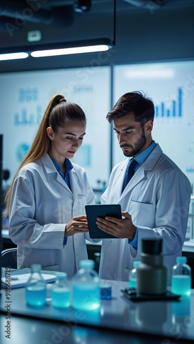 A European scientist collaborating in a modern laboratory, analyzing data on a tablet surrounded by colorful lab equipment. For educational content, scientific publications, and research promotion