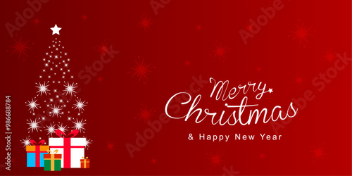 Glowing christmas tree design with gifts red background