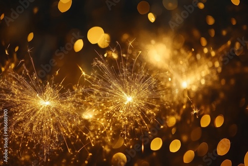 New year s eve celebration  stunning panoramic background with golden fireworks on dark sky photo