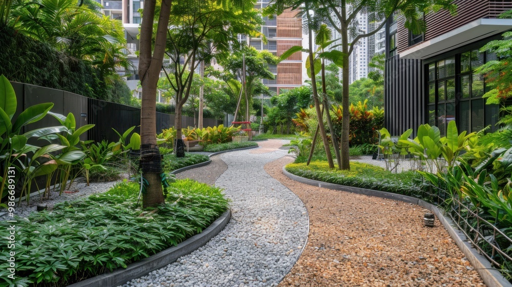 A modern urban garden with a winding pebble path surrounded by lush tropical greenery and residential buildings. Prehistoric plants in urban park, prehistoric botanicals concept. A modern urban garden with a winding pebble path surrounded by lush tropical greenery and residential buildings. Prehistoric plants in urban park, prehistoric botanicals concept.
