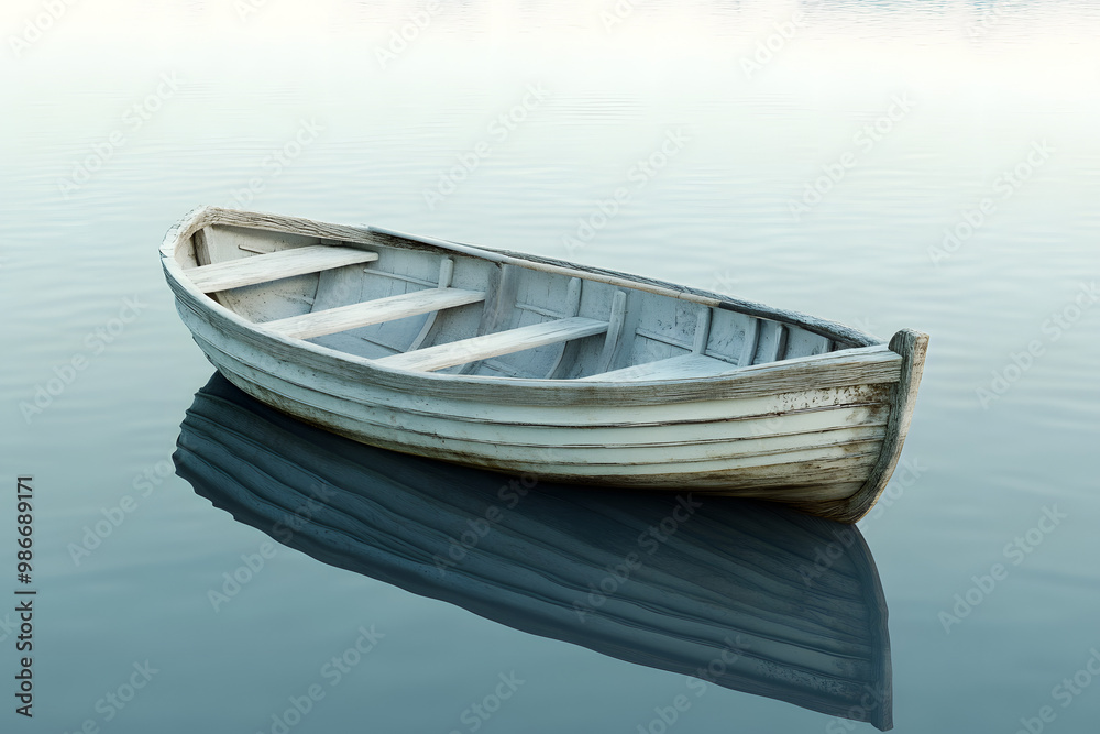 Naklejka premium An old wooden boat rests peacefully on a calm lake, reflecting the blue sky above