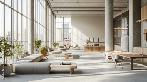 Sunny open office with large windows, blank light grey walls, and elegant, minimalist furnishings in modern architecture, realistic setting