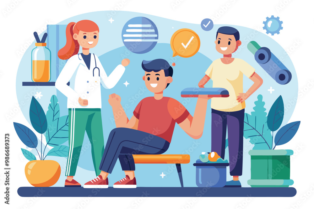 A cheerful cartoon illustration shows a physiotherapy session with a therapist guiding a patient in exercises, Customizable cartoon illustration for physiotherapy.