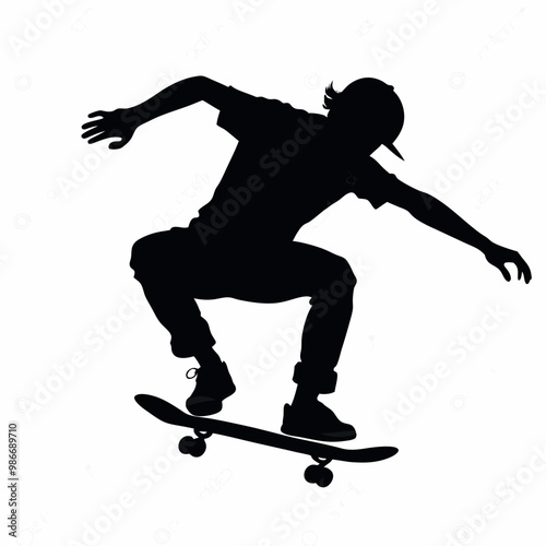 Skateboarder silhouette performing tricks in mid-air against a white background