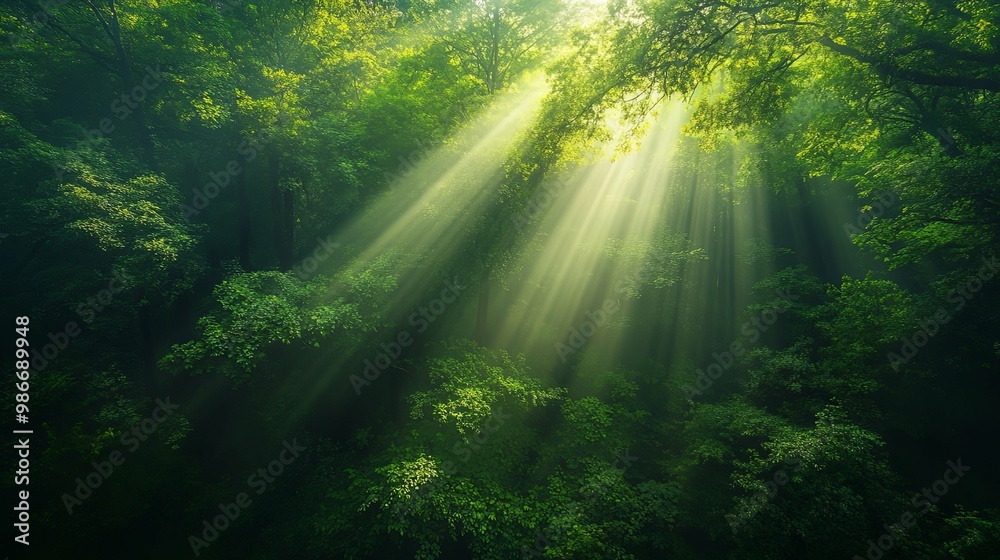 Obraz premium Sunlight Beams Through a Dense Green Forest Canopy