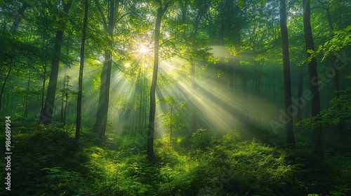 Sunbeams Streaming Through a Lush Forest