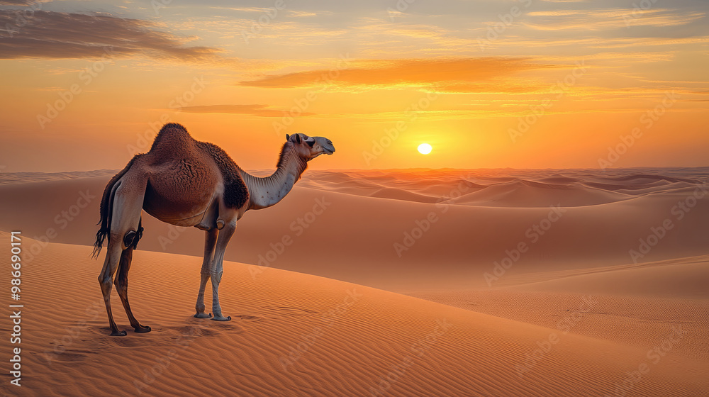 A camel is standing in the desert at sunset. The sky is orange and the sun is setting A camel is standing in the desert at sunset. The sky is orange and the sun is setting