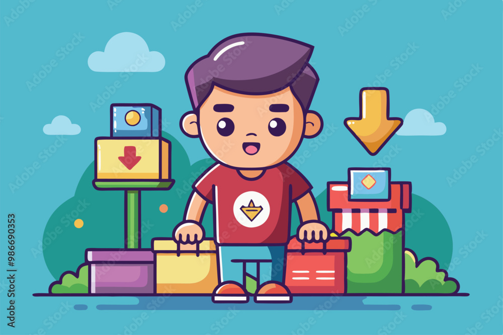 A boy stands happily surrounded by colorful packages in a playful outdoor retail setting, Customizable cartoon illustration for retail markdown. A boy stands happily surrounded by colorful packages in a playful outdoor retail setting, Customizable cartoon illustration for retail markdown.