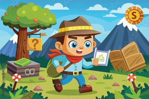 A cheerful character explores a colorful terrain while searching for hidden treasures with a map, Customizable cartoon illustration for scavenger hunt.