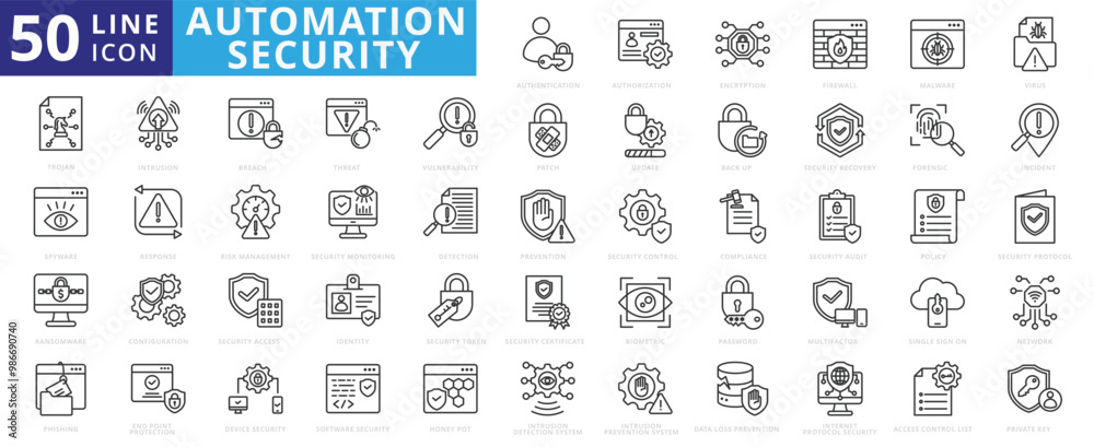 Automation security icon set with authorization, encryption, firewall, malware, virus, trojan, spyware, phishing and ransomware. Automation security icon set with authorization, encryption, firewall, malware, virus, trojan, spyware, phishing and ransomware.