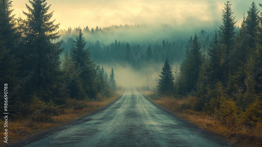 Misty Forest Road Leading Through a Dense Coniferous Forest Misty Forest Road Leading Through a Dense Coniferous Forest