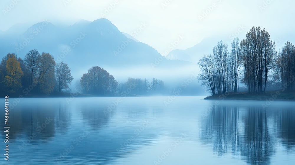 Fototapeta premium Misty Morning Landscape with Mountain Silhouette and Trees Reflecting in Calm Water