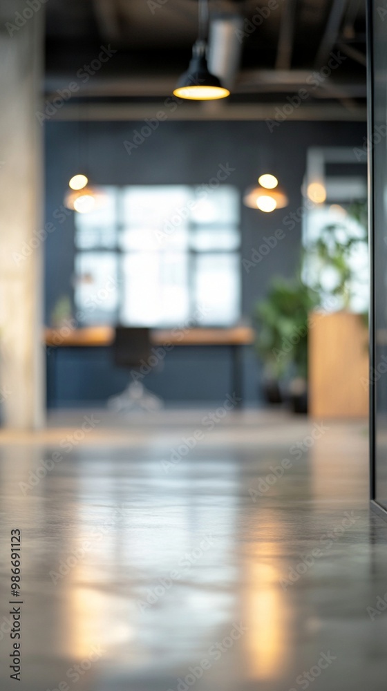 Modern office interior with polished concrete floor reflecting warm pendant lights, creating an inviting ambiance. Blurred background hints at workspace design. Modern office interior with polished concrete floor reflecting warm pendant lights, creating an inviting ambiance. Blurred background hints at workspace design.