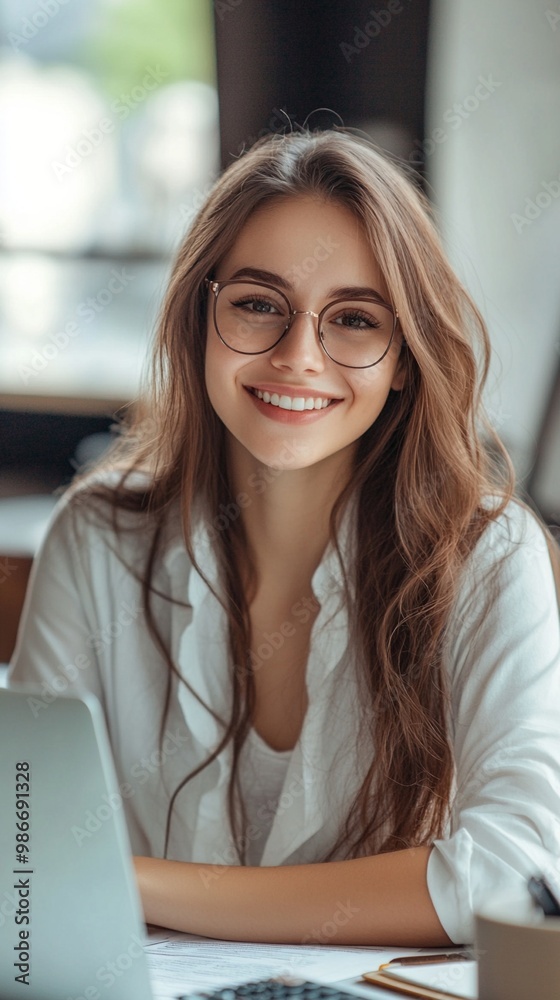 Radiant professional woman with long wavy hair and glasses smiles warmly at camera while working on laptop, exuding confidence and approachability in office setting. Radiant professional woman with long wavy hair and glasses smiles warmly at camera while working on laptop, exuding confidence and approachability in office setting.
