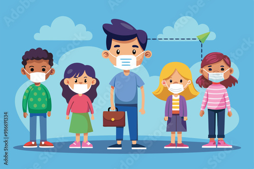 A group of children wearing masks stands apart in a colorful outdoor setting promoting social distancing, Customizable cartoon illustration for social distancing.