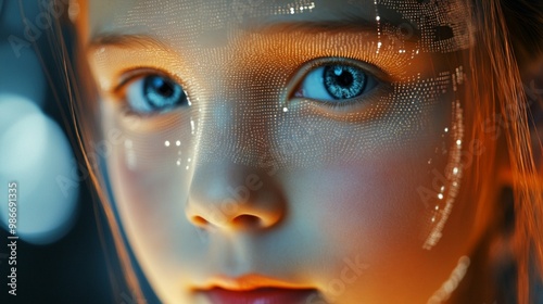 Captivating close-up of piercing blue eyes gazing through a transparent, textured surface, illuminated by warm light creating an ethereal, futuristic atmosphere.