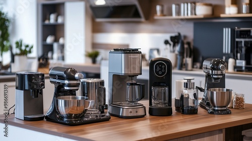 Modern kitchen countertop showcasing an array of sleek appliances including coffee makers, mixers, and grinders, highlighting contemporary home culinary technology.