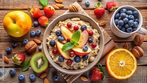 A nutritious breakfast spread featuring oatmeal, nuts, and fruits