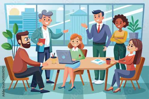 A diverse group of professionals engages in a standup meeting around a table in a cozy office, Customizable cartoon illustration for standup meetings.