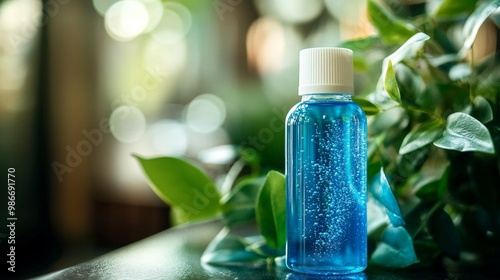 Vibrant blue liquid in a clear bottle surrounded by lush green leaves, creating a refreshing and natural skincare or wellness product scene.