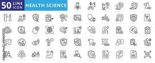 Health science icon set with medical ethic, physiology, pathology, macrobiology, immunology, pharmacology, biochemistry, epidemiology and neuroscience.