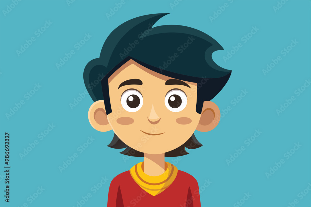 A cheerful young boy with dark hair smiles curiously, dressed in a red sweater with a yellow collar, Customizable cartoon illustration for the curious. A cheerful young boy with dark hair smiles curiously, dressed in a red sweater with a yellow collar, Customizable cartoon illustration for the curious.