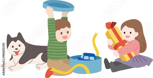 プレゼントを開ける子どものベクターイラスト