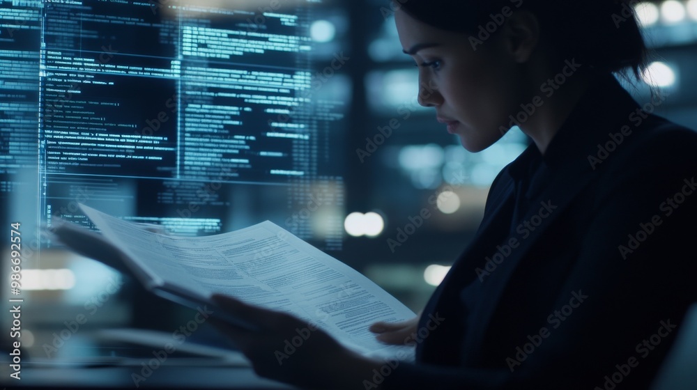 Fototapeta premium Close-up of a banker reviewing financial documents, with a blurred background of legal books and a digital screen displaying banking regulations, emphasizing compliance importance.