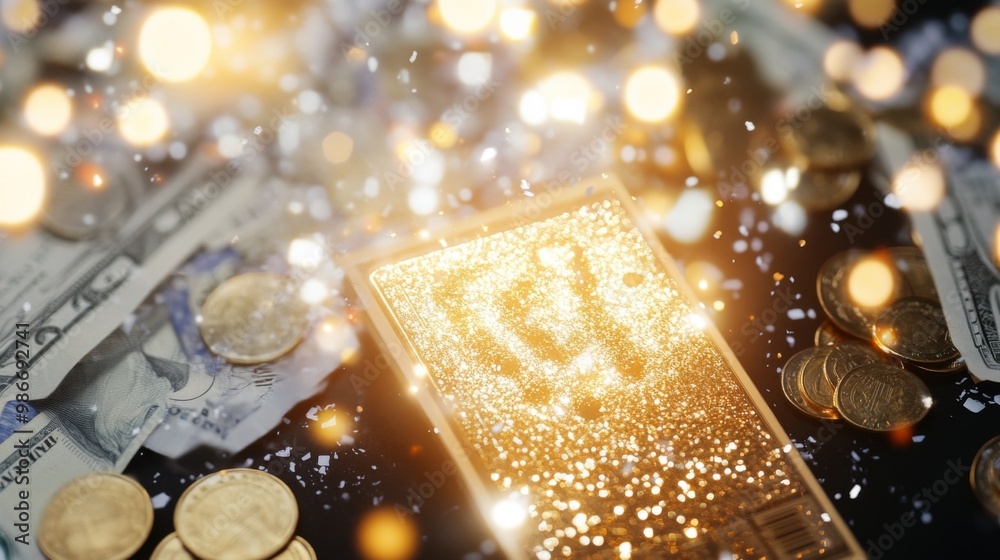 Close-up of a golden lottery ticket with sparkling numbers, surrounded by blurred coins and dollar bills, symbolizing a life-changing jackpot win. Close-up of a golden lottery ticket with sparkling numbers, surrounded by blurred coins and dollar bills, symbolizing a life-changing jackpot win.