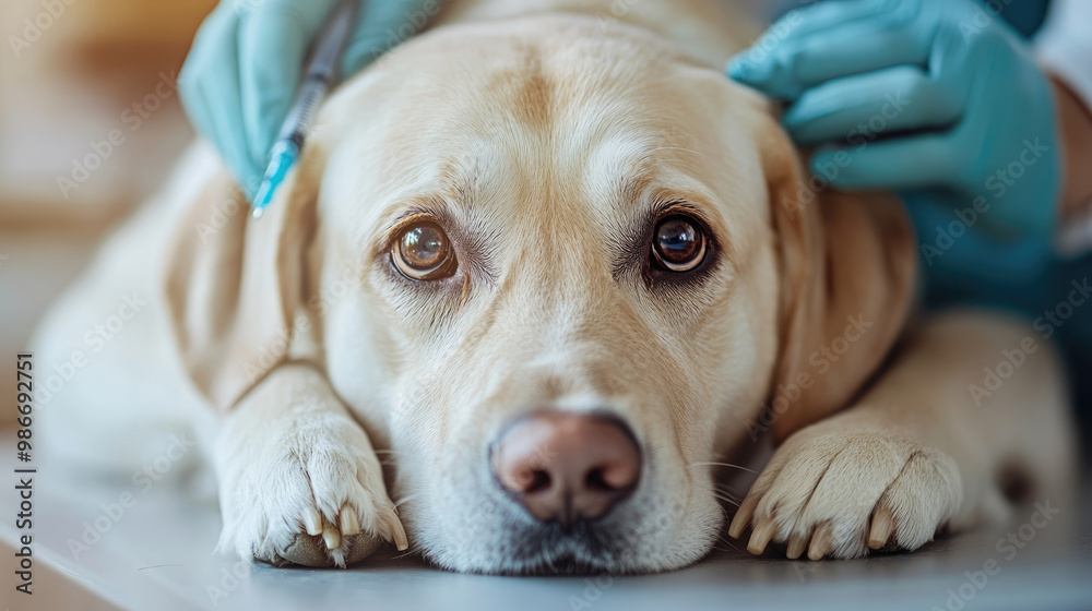 A dog is laying on a table with a syringe in its mouth. The dog appears to be in pain or discomfort A dog is laying on a table with a syringe in its mouth. The dog appears to be in pain or discomfort
