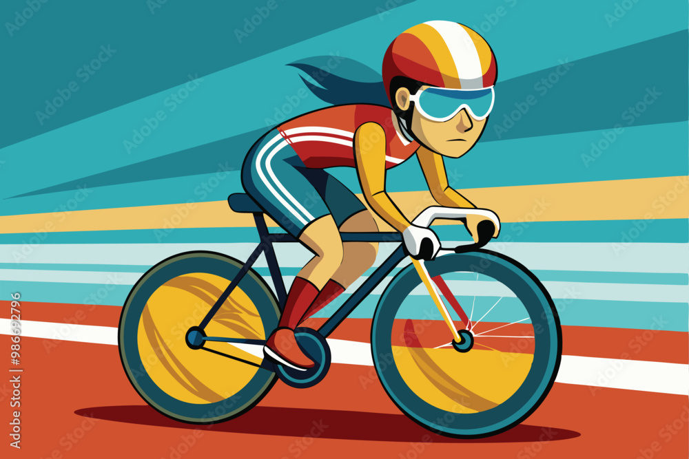 Fototapeta premium A cyclist accelerates on a colorful track, showcasing speed and determination in a bright landscape, Customizable cartoon illustration for track cycling.