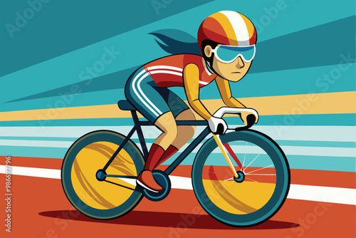 A cyclist accelerates on a colorful track, showcasing speed and determination in a bright landscape, Customizable cartoon illustration for track cycling.