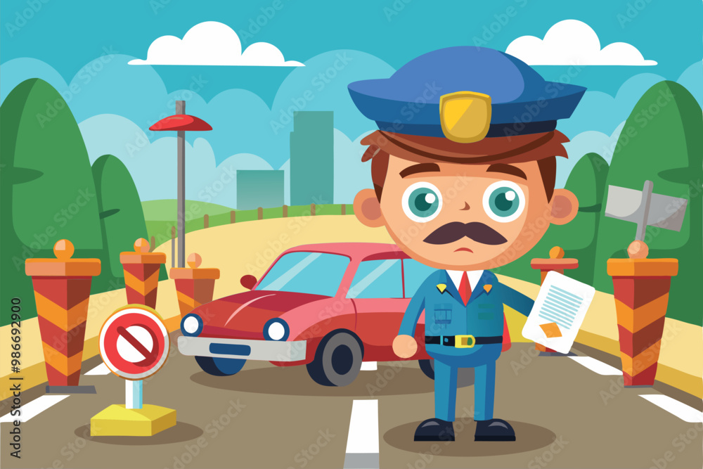 Obraz premium A traffic officer stands near a car, handing out a fine at a city intersection with barricades, Customizable cartoon illustration for traffic fine.