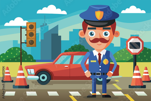 A cartoon traffic officer stands confidently next to a red car, surrounded by traffic cones in a city setting, Customizable cartoon illustration for traffic fine.