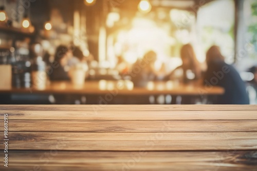 A wooden table top with a blurred background of people in a coffee shop, styled for product display or e-commerce promotion.