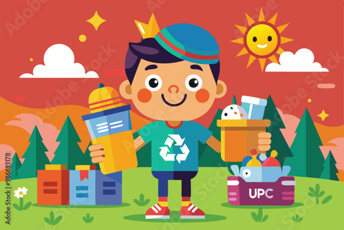 A cheerful child holds recyclable items while encouraging upcycling amidst trees and a sunny background, Customizable cartoon illustration for upcycling