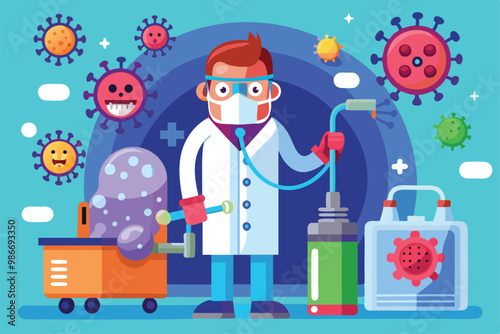 A cartoon scientist is actively disinfecting surfaces while surrounded by cartoon viruses, Customizable cartoon illustration for virus disinfection.